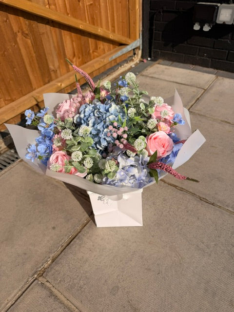 Blue Hydrangea & Pink Rose Artificial Bouquet